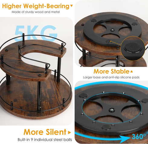 Vigdit 2Tier Adjustable,12'' Countertop,Dining Turntable Lazy Susan Organizer Spice Rack, Wooden Spinning Revolving