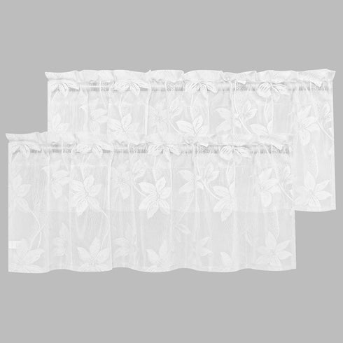 DWCN 2 Pack White Floral Lace Valances for Kitchen, Rod Pocket Half Window Sheer Curtains, 42 x 18 inch