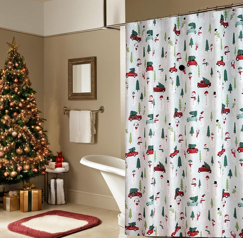 Shower Curtain Polyester, Christmas Red Truck Car Print with Trees, 70 x 70 Inch