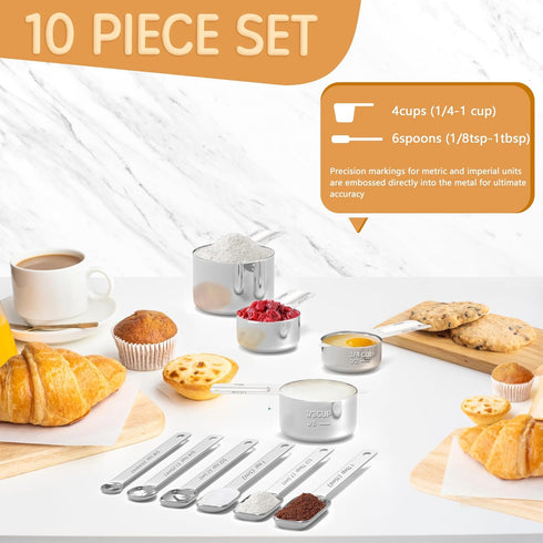 Stainless Steel Measuring Cups & Spoons Set, 10-Pack for Cooking and Baking, Nesting Kitchen Gadgets