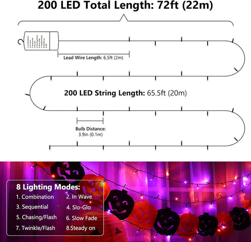 67 200 8 Flacchi Orange Purple Halloween Lights, ft LED Battery Operated String Lights Waterproof Modes & Auto Timer