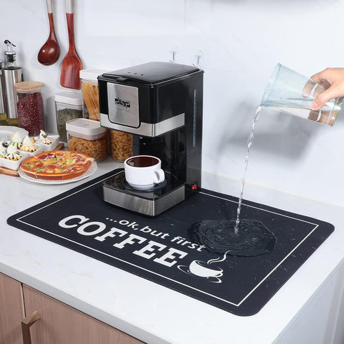 Queekay Coffee bar mat 24" x 16" Coffee mat for countertop Coffee placemats Coffee bar Accessories Coffee Pot mat Hide Stain Rubber Backed Absorbent Dish Drying Mat (Classic Pattern)