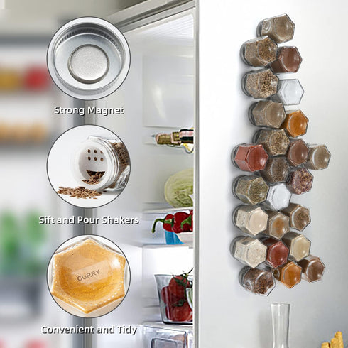 Homazing Set 24 of Hexagon Glass Spice Jars with Shaker Lids and Labels for Refrigerator, Kitchen, RV Travel Trailer