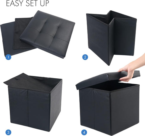 LotFancy Foldable Storage Ottoman, Small Leather Bench with Storage, 13x12x12 Inches, Holds up to 260 lb, Black