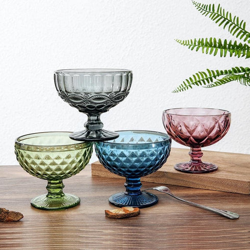 Vintage Line Embossed Glass Footed Dessert Bowl, Ice Cream Bowl, 10 Oz for Home Party