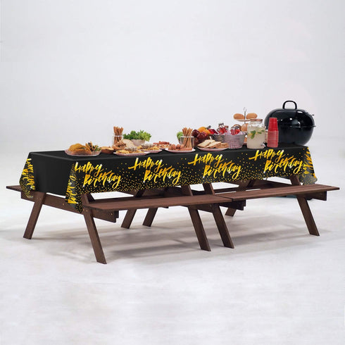 Aneco 2 Pack Happy Birthday Table Cloth Cover, Black Gold Party Tablecloth 54 x 108 Inches