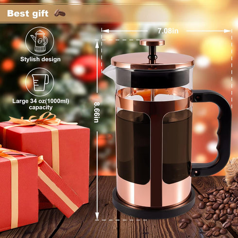 French Press Coffee Tea Maker, Upgrade Heat Cold Resistant Thickened Glass, 4 Level Stainless Steel Filtration, 1000ml