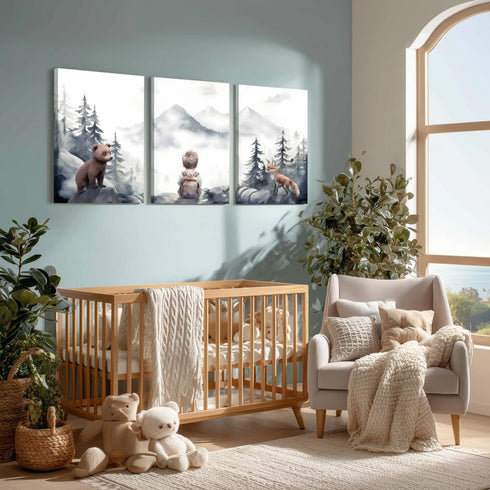 kilamino 12"x16"x3 Neutral Woodland Wild Animal Wall Art, Cute Bear Fox Nursery Wall Decor, Adventure Boy Poster