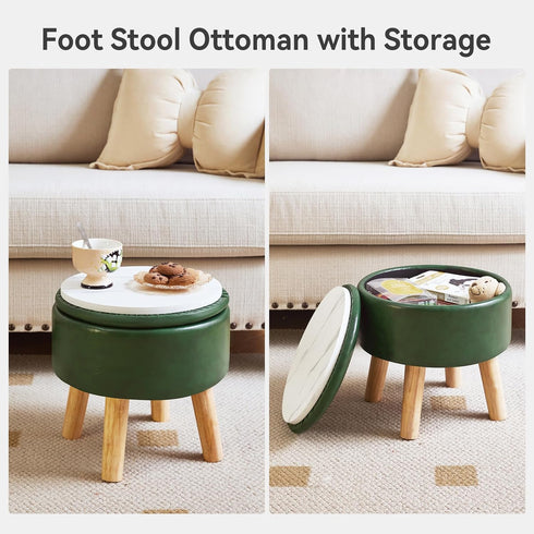 13 Inch WBD023GR IBUYKE Foot Stool Ottoman with Storage, Round Small Foot Rest with Padded Seat and Wood Legs, PU Faux