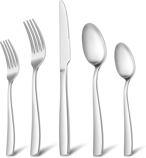 E-far Matte Silverware Set for 4, 20 Pieces Stainless Steel Flatware Set with Square Handle, Dishwasher Safe