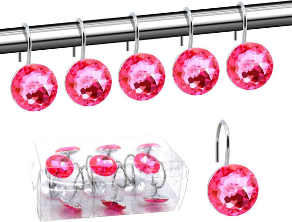 BEAVO Acrylic Fashion Decorative Home Rolling Shower Curtain Hooks, Set of 12 Rings, Pink