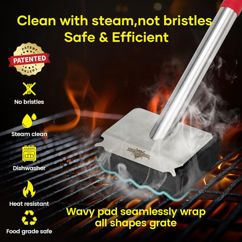 Bristle-Free Grill Brush Upgraded Aramid Fiber Wavy Pad. Safe for Cast Iron, Porcelain, Weber Gas & Charcoal Grills.