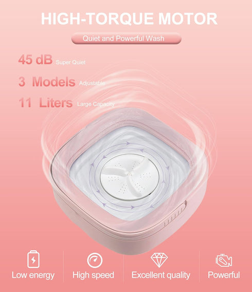 Mini Washing Machine 11L, Portable Washer with 3 Modes for Deep Cleaning Underwear, Baby Clothes, or Socks (Pink)