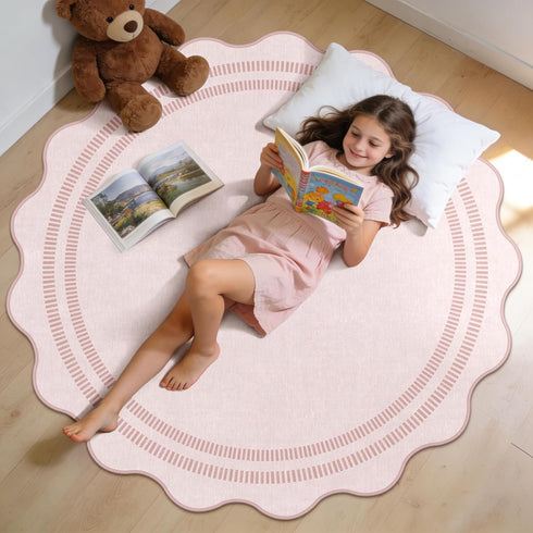 5ft Washable Area Rugs for Living Room, Solid Pink Non Slip Rugs for Bedroom Girls, Stain Resistant Scalloped Soft