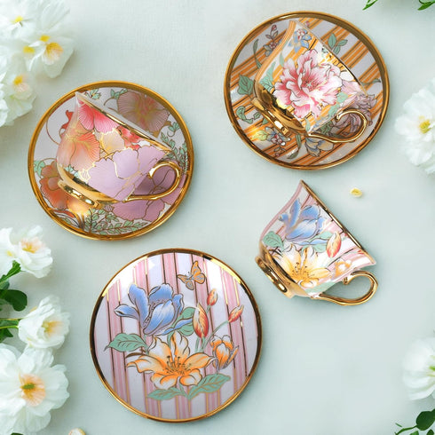 Qetoosur Set 6, 8 OZ Set Tea Cups and Saucers of Ceramic Tea Cups with Saucers Vintage Floral Tea Cup for Cappuccino