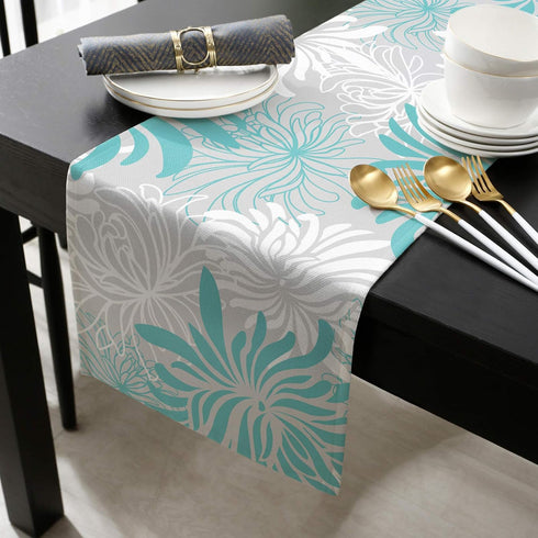 Aqua Chrysanthemum Flowers Table Runner, Cotton Linen 13x90inches, Floral Grey Tablerunner for Kitchen, Dining, Living