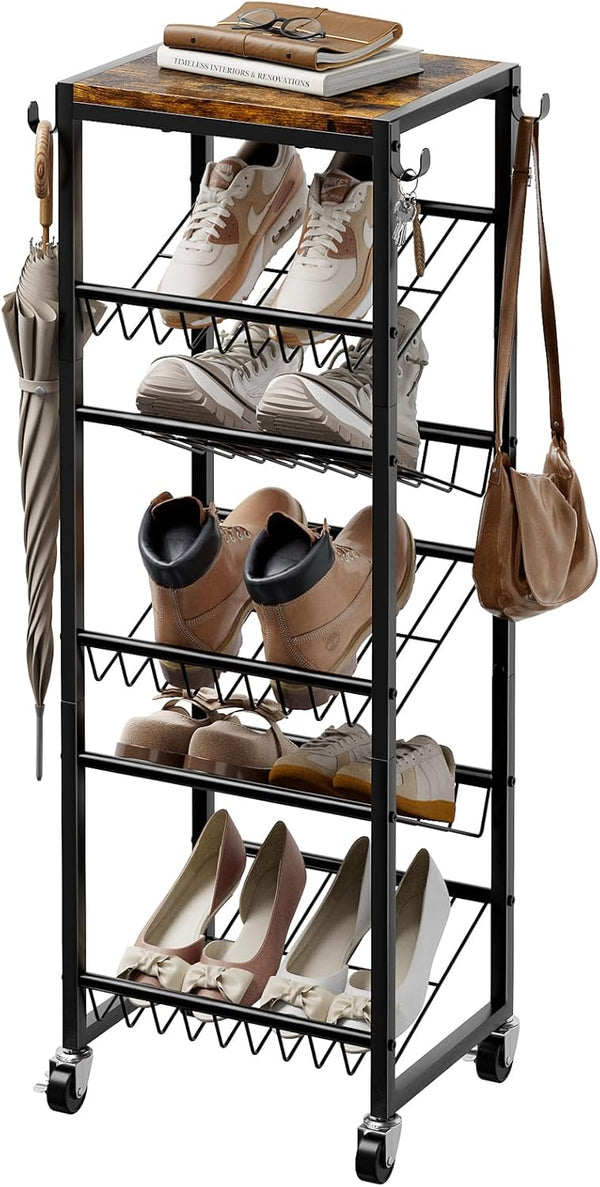 6 Tier Rotating Shoe Rack Tower with Wheels, Wooden Shoe Storage Organizer