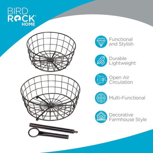BIRDROCK HOME 2 Tier Wire Fruit Basket | Round Metal Standing Baskets | Freestanding Rustic Decorative Caddy