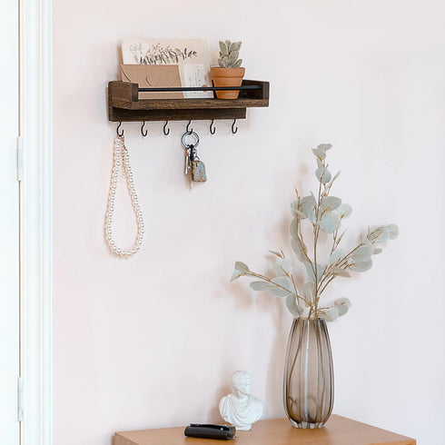 Mkono Small Rustic Wood Key Holder for Wall, 9.5" x 3.5" x 2.5", Decorative Display Keys Hanger Organizer with 6 Hooks