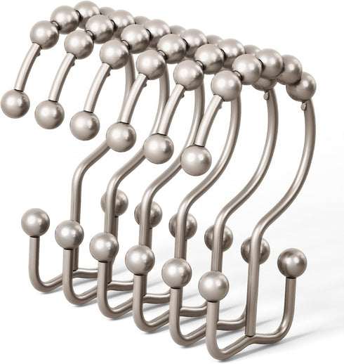 DAWNER Shower Curtain Hooks, Set of 12, Rust Proof Metal Easy Glide Double Rings, Brushed Nickel