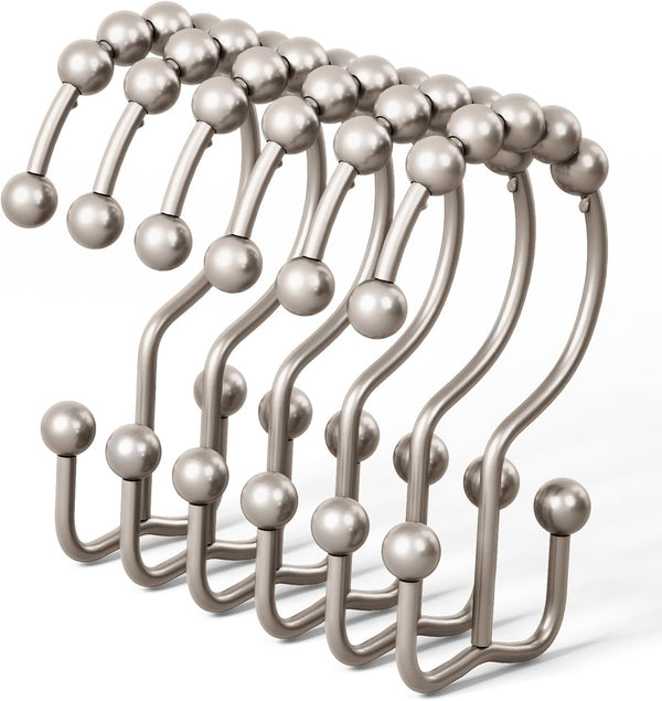 DAWNER Shower Curtain Hooks, Set of 12, Rust Proof Metal Easy Glide Double Rings, Brushed Nickel