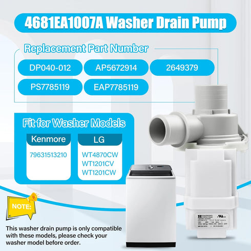 4681EA1007A DP040-012 Washer Drain Pump Assembly Compatible with LG WT1501CW WT1201CV WT1201CW