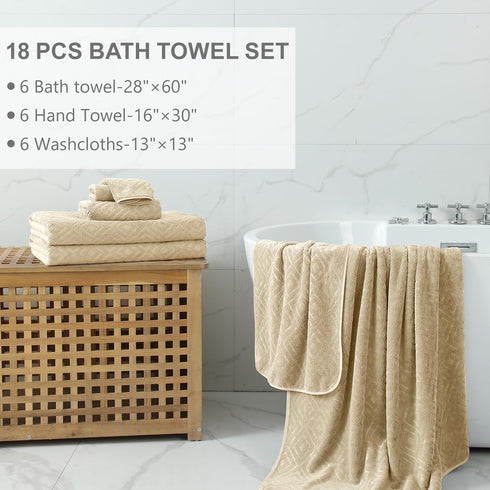 18-Piece Set, 6 6 6 100% Set Smuge Bath Towel Include Bath Towel Sheets, Hand Towels and Washcloths - Highly Absorbent