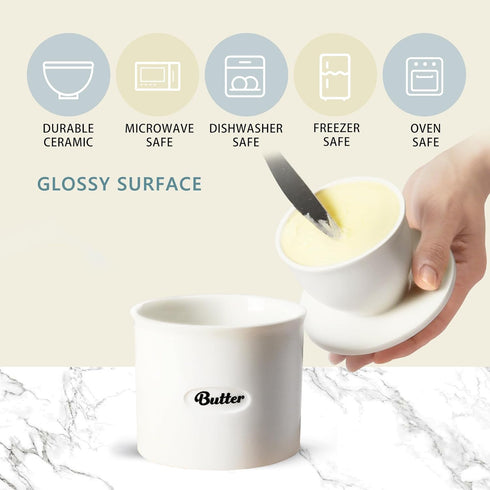8.45oz French Ceramic Butter Crock with Lid, Inverted Water Seal Butter Keeper for Soft, Spreadable Butter at Room