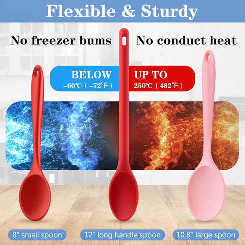 Long Handle Silicone Mixing Spoon, 12" Nonstick Heat-Resistant Rubber Stirring Spoon for Cooking and Baking