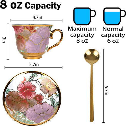 Qetoosur Set 6, 8 OZ Set Tea Cups and Saucers of Ceramic Tea Cups with Saucers Vintage Floral Tea Cup for Cappuccino