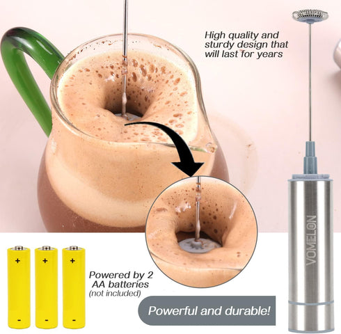Milk Frother Handheld, Battery Operated Foam Maker for Coffee, Portable Drink Mixer with 2 Stainless Steel Whisk Heads,