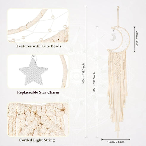 Boho Macrame Woven Wall Hanging, Crochet Crescent Moon Star Dream Catcher, Long Tassel White Cotton Handmade Decor