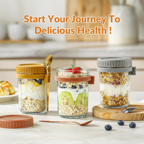 DRKIO 4 Pack Overnight Oats Containers, 16 Oz Glass Mason Jars with Lids and Spoons for Meal Prep