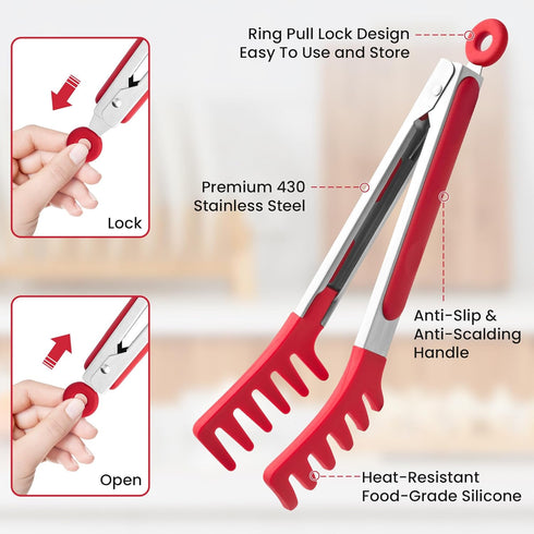 2 9-Inch 12-Inch PCS Pasta Tong Spaghetti Tongs, & Heat Resistant Silicone Pasta Tongs Spaghetti Server With Teeth