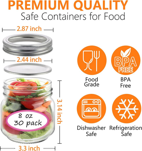 UrSpeedtekLive 30 Pack 8 oz Mason Jars with Regular Lids and Bands, Half Pint Canning Jars, Small Glass Jars for Honey