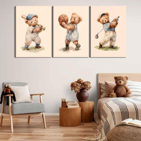 SFXYRTAH Decorations16x24in Teddy Bear Sports Nursery Animal Canvas Wall Art Cute Woodland Rugby Wall Decor Pictures