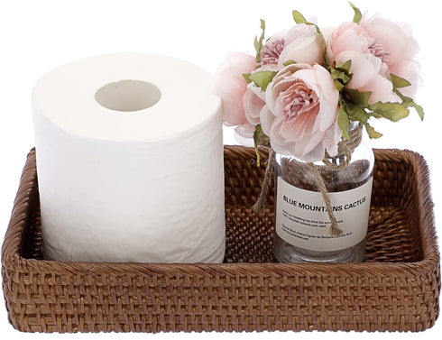 Sumnacon 10 Inch Rattan Bathroom Vanity Tray - Decorative Wicker Toilet Tank Tray for Paper Hand Towel, Brown