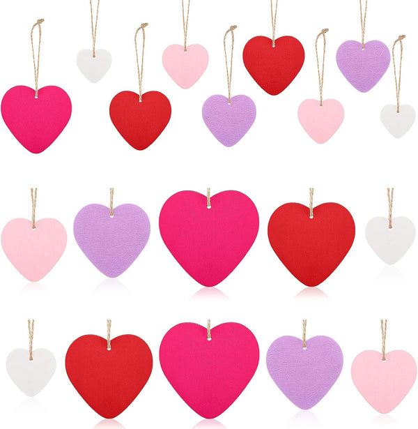 Jetec 25 Pieces Valentine‘s Day Wooden Heart Ornaments, Heart Shaped Hanging Decorations with Ropes, 5 Colors