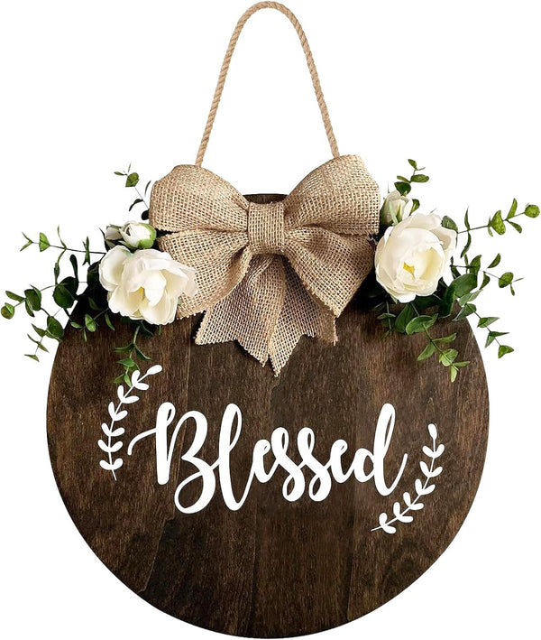Blessed Farmhouse Welcome Sign, Round Wood Hanging Door Decor with Ribbon Bow and Artificial Greenery for Front Porch