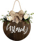 Blessed Farmhouse Welcome Sign, Round Wood Hanging Door Decor with Ribbon Bow and Artificial Greenery for Front Porch