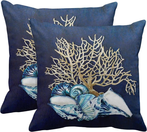 Emvency Throw Pillow Cover, Blue Seashore Indigo Ocean Coral Seashells, 20 x 20 Inch Decorative Pillow Case