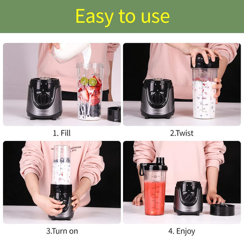 La Reveuse Personal Size Smoothies Blender, 300 Watts with 24 oz BPA-Free Portable Travel Sports Bottle (Grey)