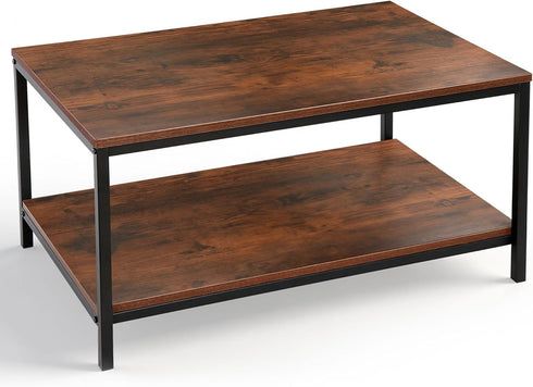 SUPER DEAL 2-Tier Industrial Coffee Table with Storage Shelf for Small Apartment