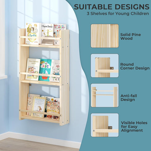 BOSAIDONG 3-Tier 3 Wall Mounted Kids BookshelfHanging Kids Bookcase, Toy and Book Storage Bookshelf in Bedroom, Living