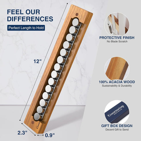 12" Magnetic Knife Holder for Wall - Acacia Wood Knife Strip - No Drilling Strong Magnet Knife Rack for Kitchen