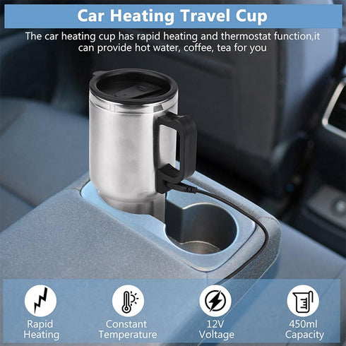 12V 450ml Stainless Steel Car Heating Cup, Electric Travel Mug for Heating Water, Coffee, Milk, Tea