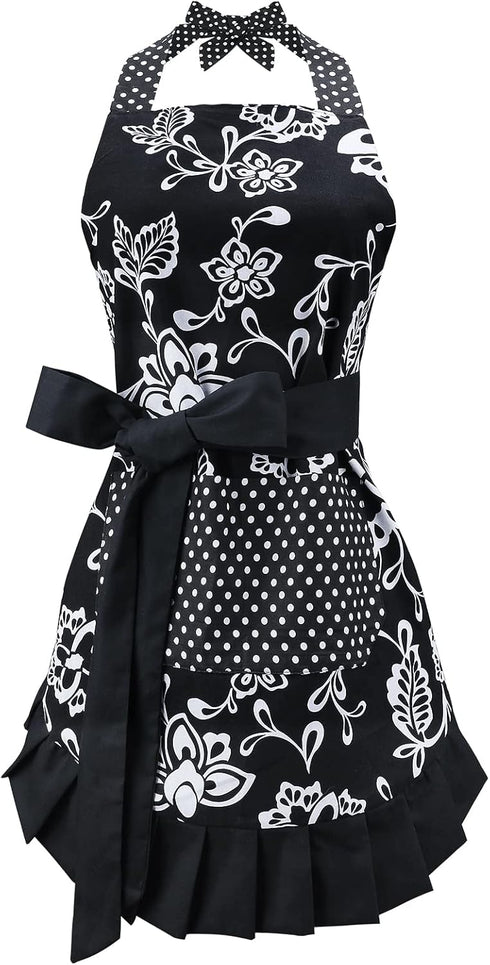 G2PLUS Vintage Floral Kitchen Apron for Women, Black Pleated Hem Cooking Apron with Pocket, 29 x 21 inch