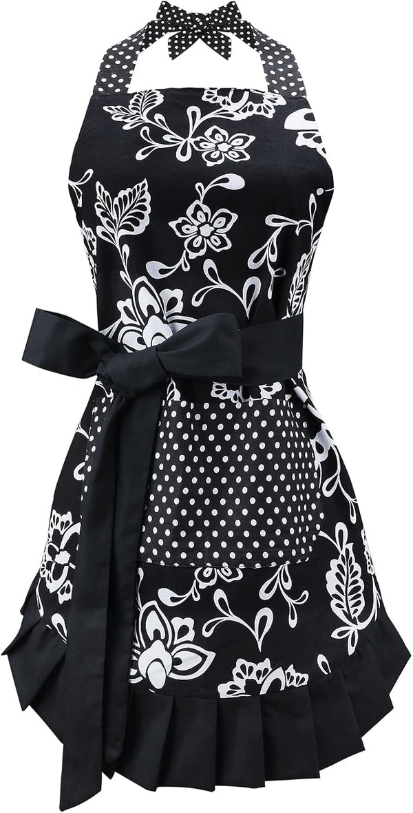 G2PLUS Vintage Floral Kitchen Apron for Women, Black Pleated Hem Cooking Apron with Pocket, 29 x 21 inch