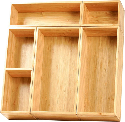 Umilife Drawer Organizer Storage Boxes - 2.5" High Bamboo Drawer Dividers with 5 Rearrangeable Bins for Kitchen & Office