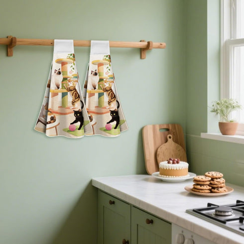 Set 2 CUTHOLLOW Cat Play and Flowers Hanging Kitchen Towels with Loop, of - Soft & Super Absorbent Microfiber
